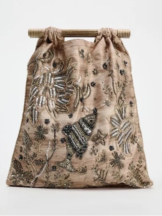 Zara Handbags - Zara NWT Blush Pink Beige Sequin Beaded Embroidered Wood Handle Clutch Handbag